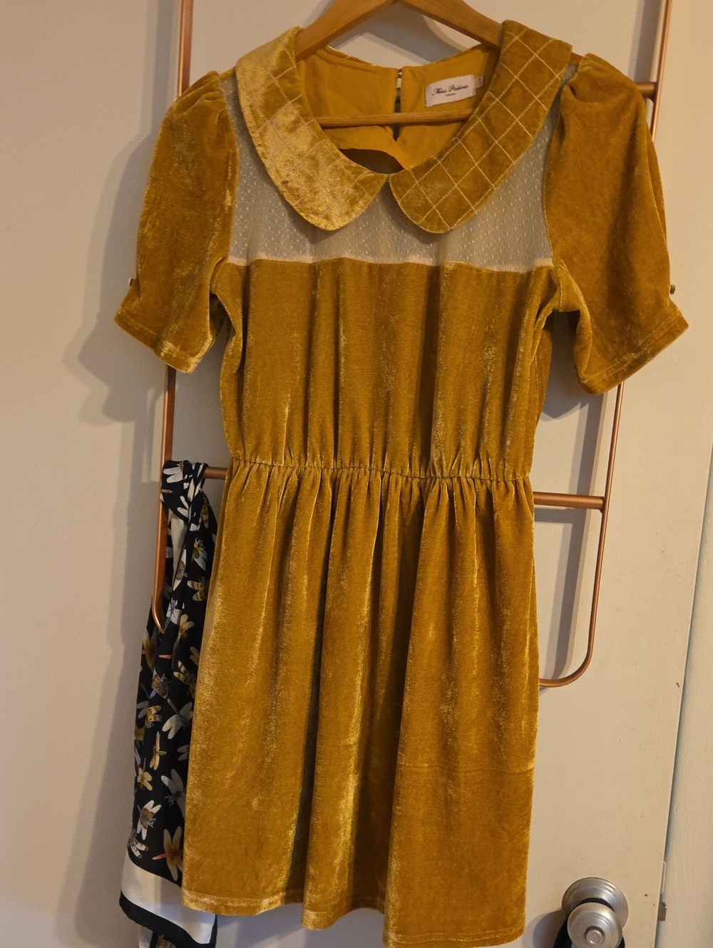 Miss Patina Velvet Mustard Gold Peter Pan Collar Dress
